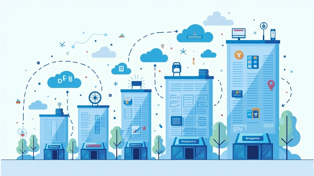 An illustration of digital tools connecting small business icons to larger business icons, representing competition.
